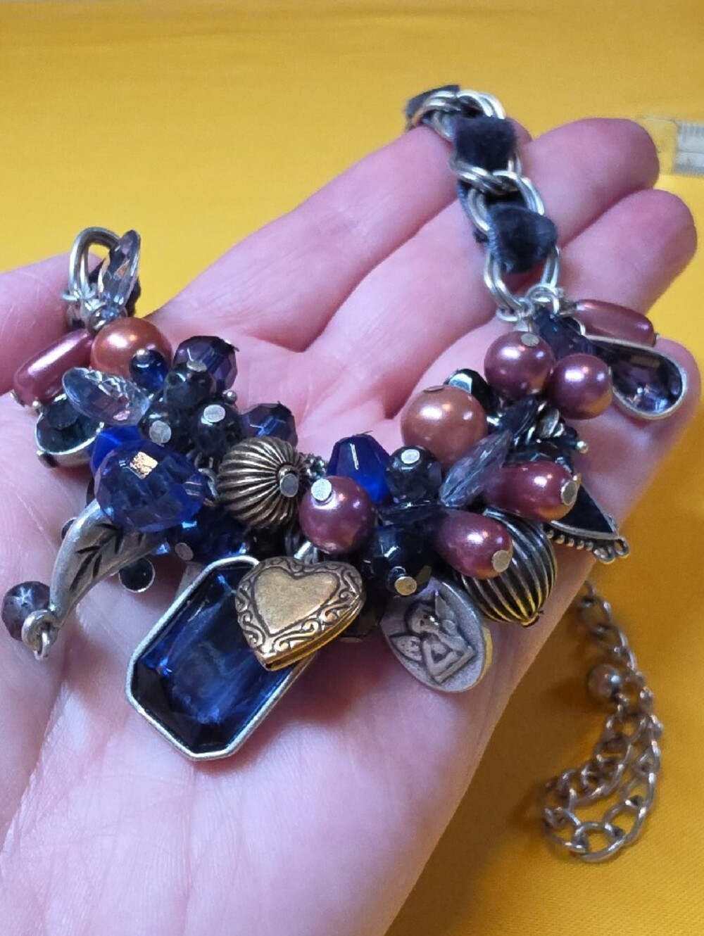 Vintage Chunky Cluster Charm Statement Necklace Silver Black Ribbon 72.77gtw 16"